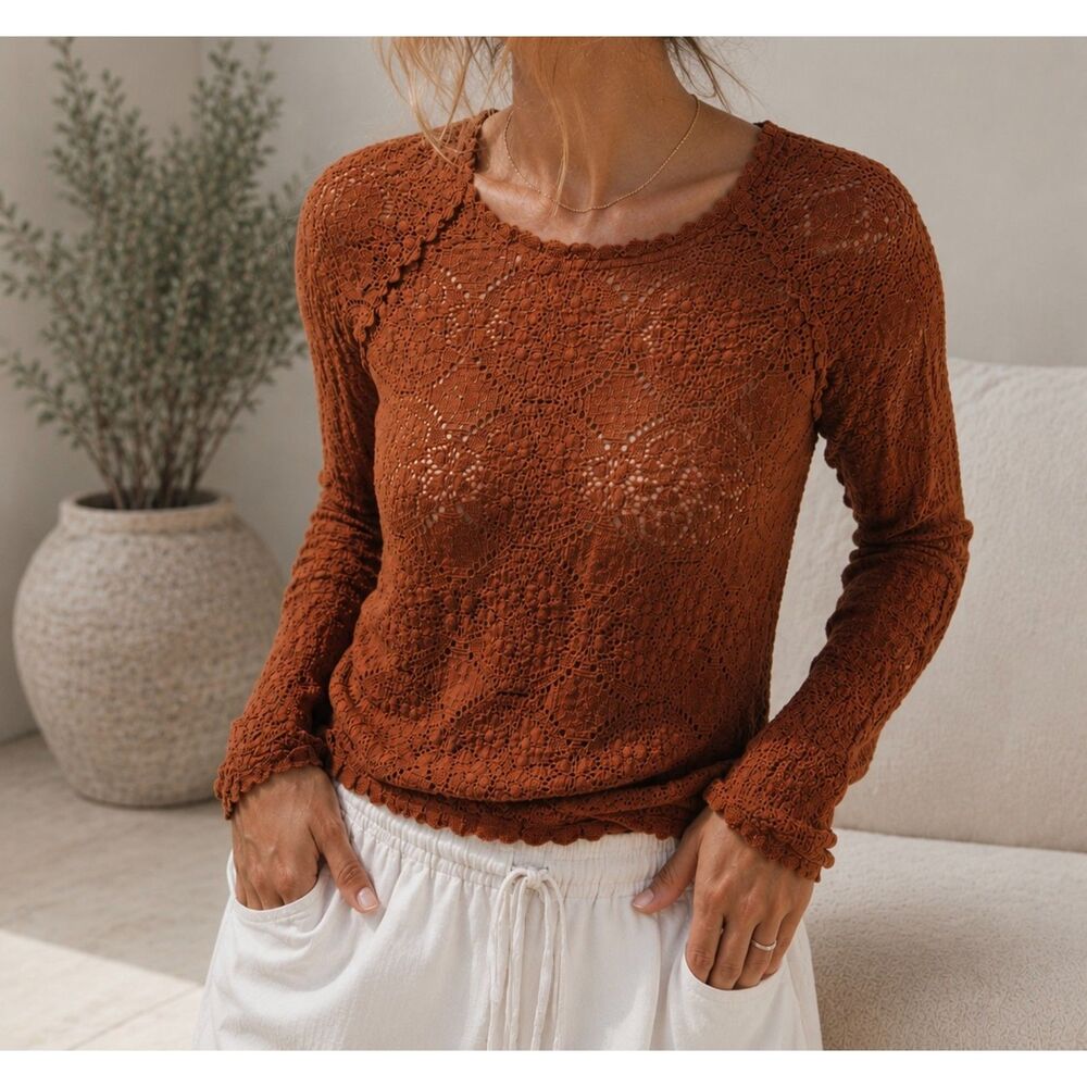 Vintage Free People Rust Orange Crochet Lace Mesh Blouse Top Boho Whimsigoth M